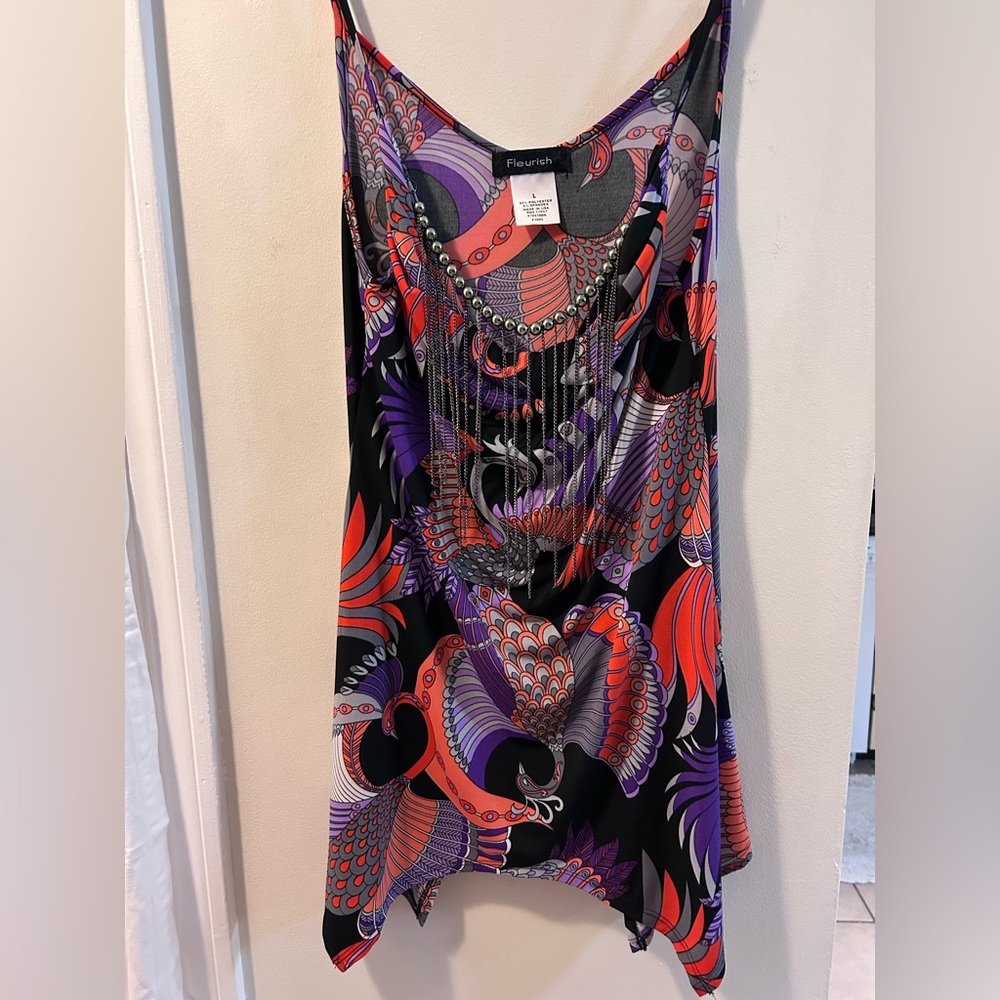 Fleurish Peacock design drape neck spaghetti strap flowy top size large